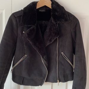 Black Faux suede fur moto jacket crop small zipper